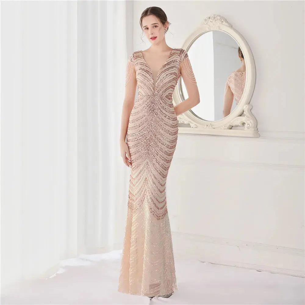 FZ Women's V Neck Mermaid Long Luxury Beads Evening Dress