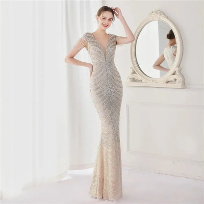 FZ Women's V Neck Mermaid Long Luxury Beads Evening Dress