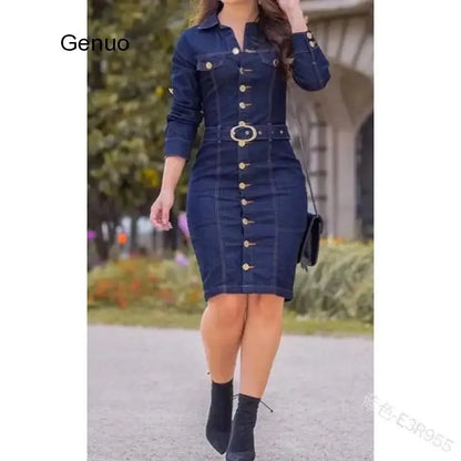 Denim Dress Women Long Sleeved Casual Lapel Collar Elegant Solid Color High Waist Knee-Length Dress Single Breasted Jeans FZwear