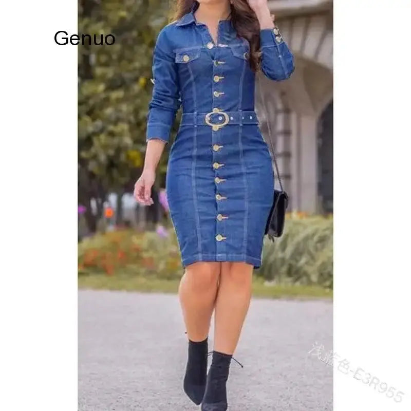 Denim Dress Women Long Sleeved Casual Lapel Collar Elegant Solid Color High Waist Knee-Length Dress Single Breasted Jeans FZwear