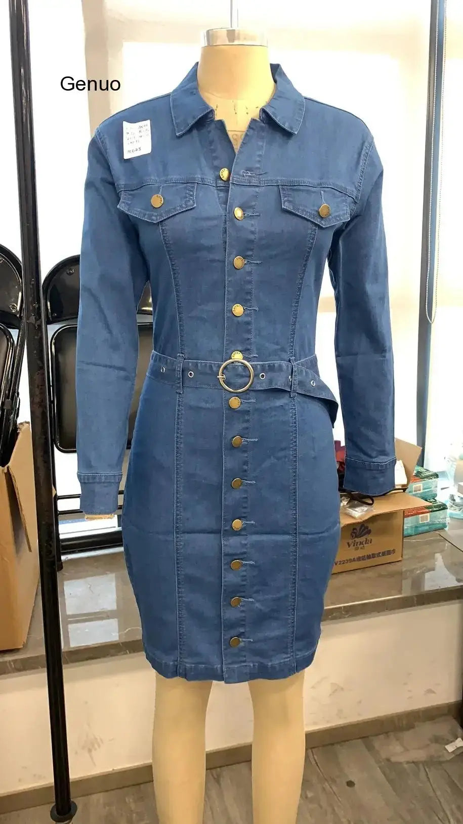 Denim Dress Women Long Sleeved Casual Lapel Collar Elegant Solid Color High Waist Knee-Length Dress Single Breasted Jeans FZwear