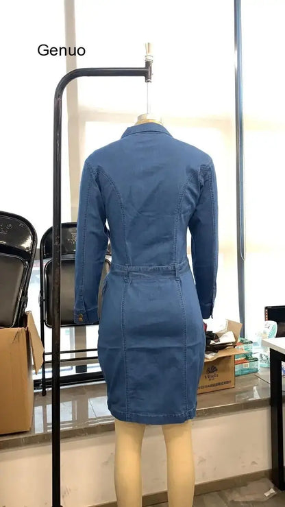 Denim Dress Women Long Sleeved Casual Lapel Collar Elegant Solid Color High Waist Knee-Length Dress Single Breasted Jeans FZwear