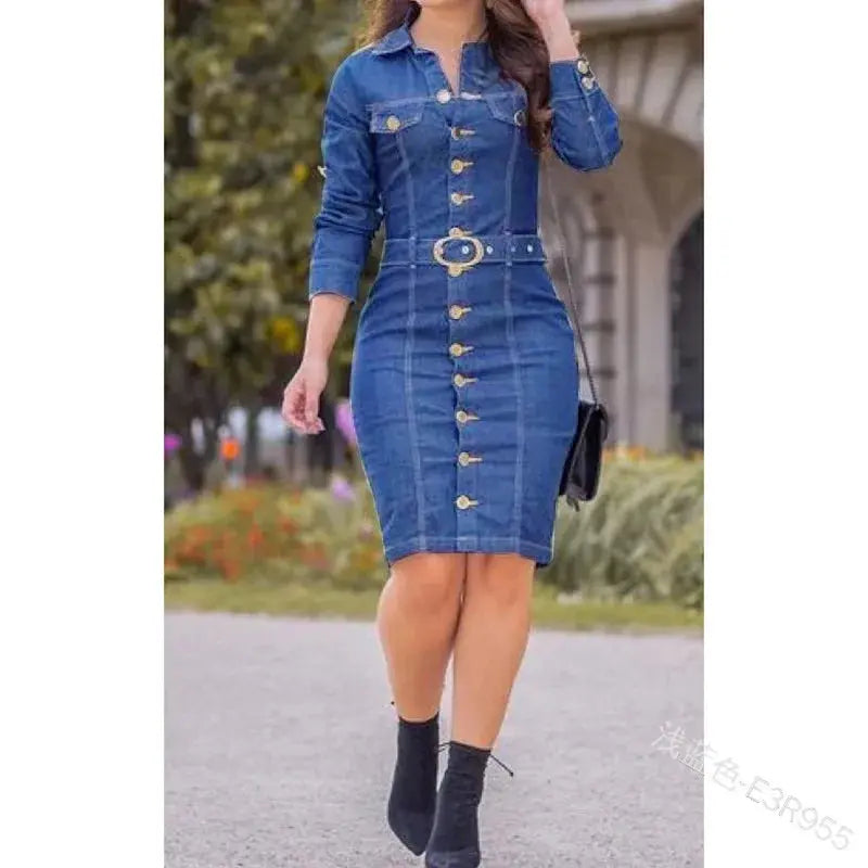 FZ Women's Long Sleeved Casual High Waist Single Breasted Denim Dress