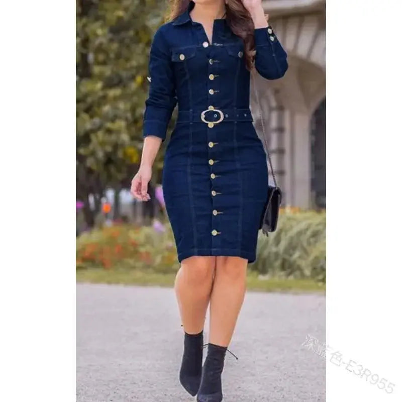 FZ Women's Long Sleeved Casual High Waist Single Breasted Denim Dress