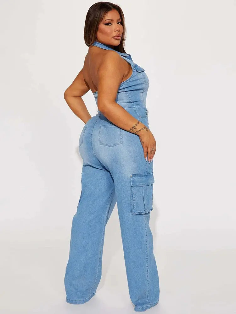 Denim Jumpsuit with Straight Pants Summer One Piece Sexy Halter Jumpsuit Stretchy Jeans Jumpsuit Women Wholesale Dropshipping FZwear