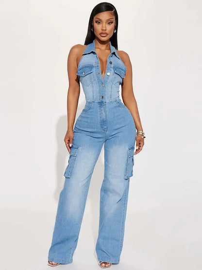 Denim Jumpsuit with Straight Pants Summer One Piece Sexy Halter Jumpsuit Stretchy Jeans Jumpsuit Women Wholesale Dropshipping FZwear