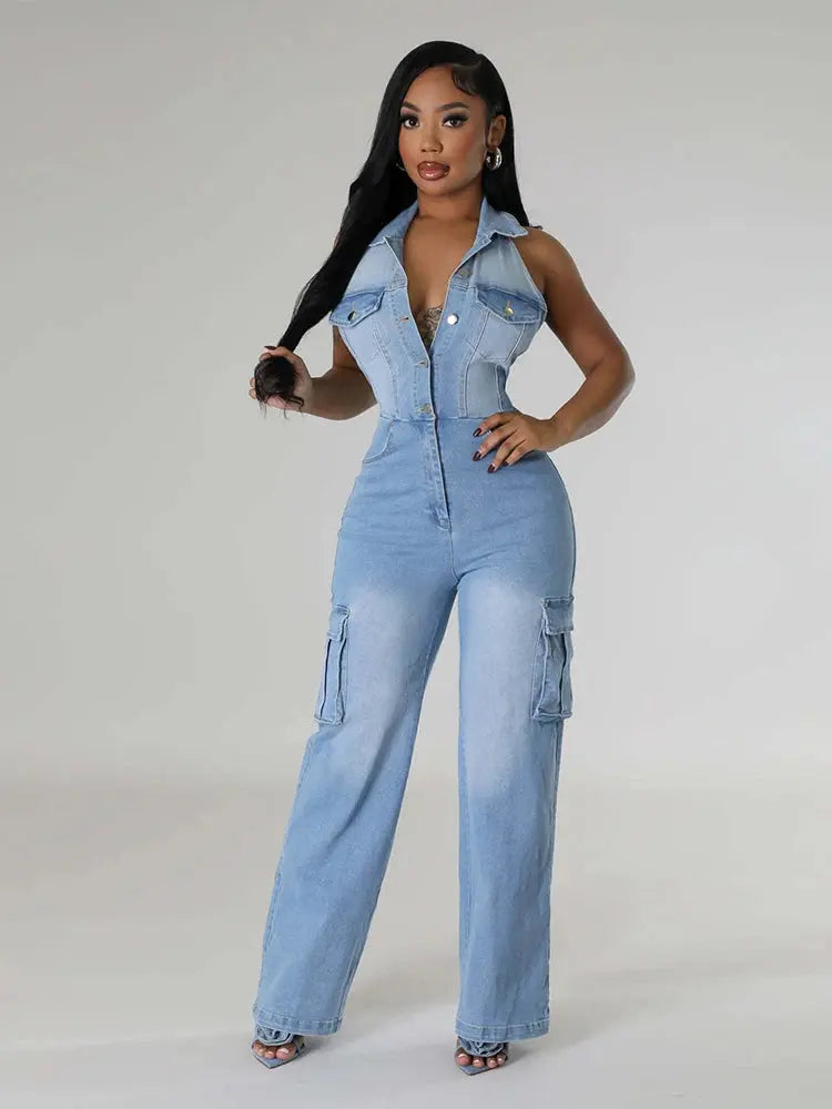 Denim Jumpsuit with Straight Pants Summer One Piece Sexy Halter Jumpsuit Stretchy Jeans Jumpsuit Women Wholesale Dropshipping FZwear