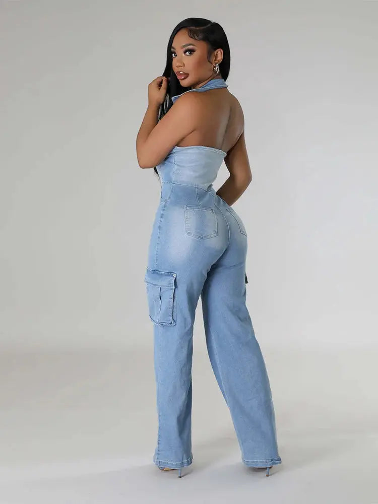 Denim Jumpsuit with Straight Pants Summer One Piece Sexy Halter Jumpsuit Stretchy Jeans Jumpsuit Women Wholesale Dropshipping FZwear