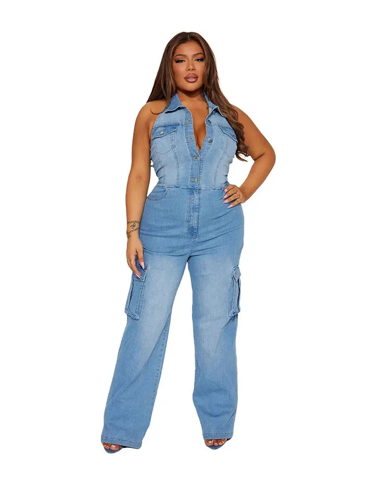 FZ Women's One Piece Sexy Halter Stretchy Denim Jumpsuit