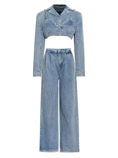 FZ Women's Lapel Long Sleeve Camisole High Waist Streetwear Denim Pants Suit