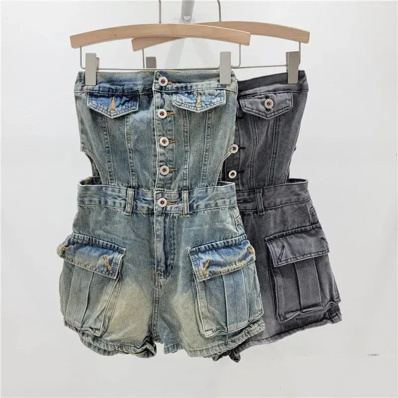 [EWQ] European Trend Women Single Breasted Hollow Waist Strapless Gray Denim Jumpsuit Clothing Wide Leg And Large Pocket 16U8917 FZwear