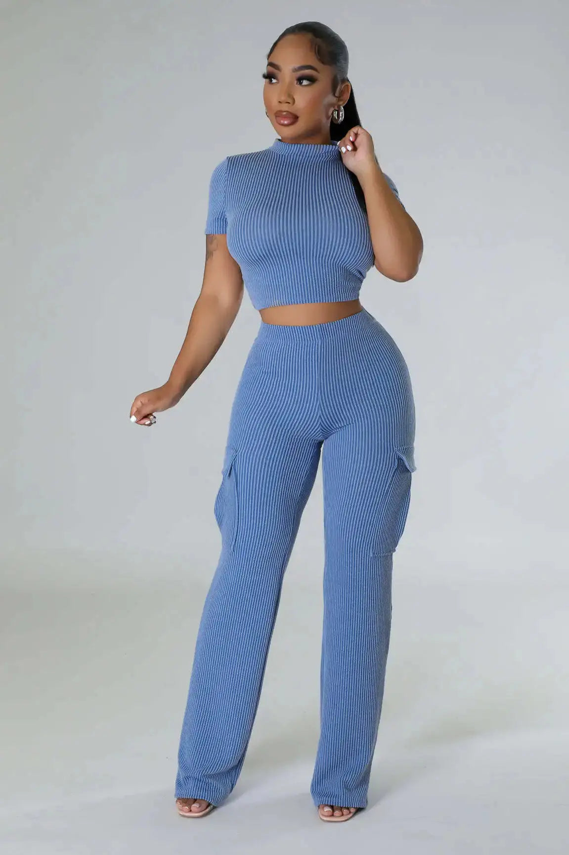 Echoine Solid Knit Ribbed Round Neck Short Sleeve Crop Top and High Waist Straight Pants Two Piece Set Matching Set Summer 2024 FZwear