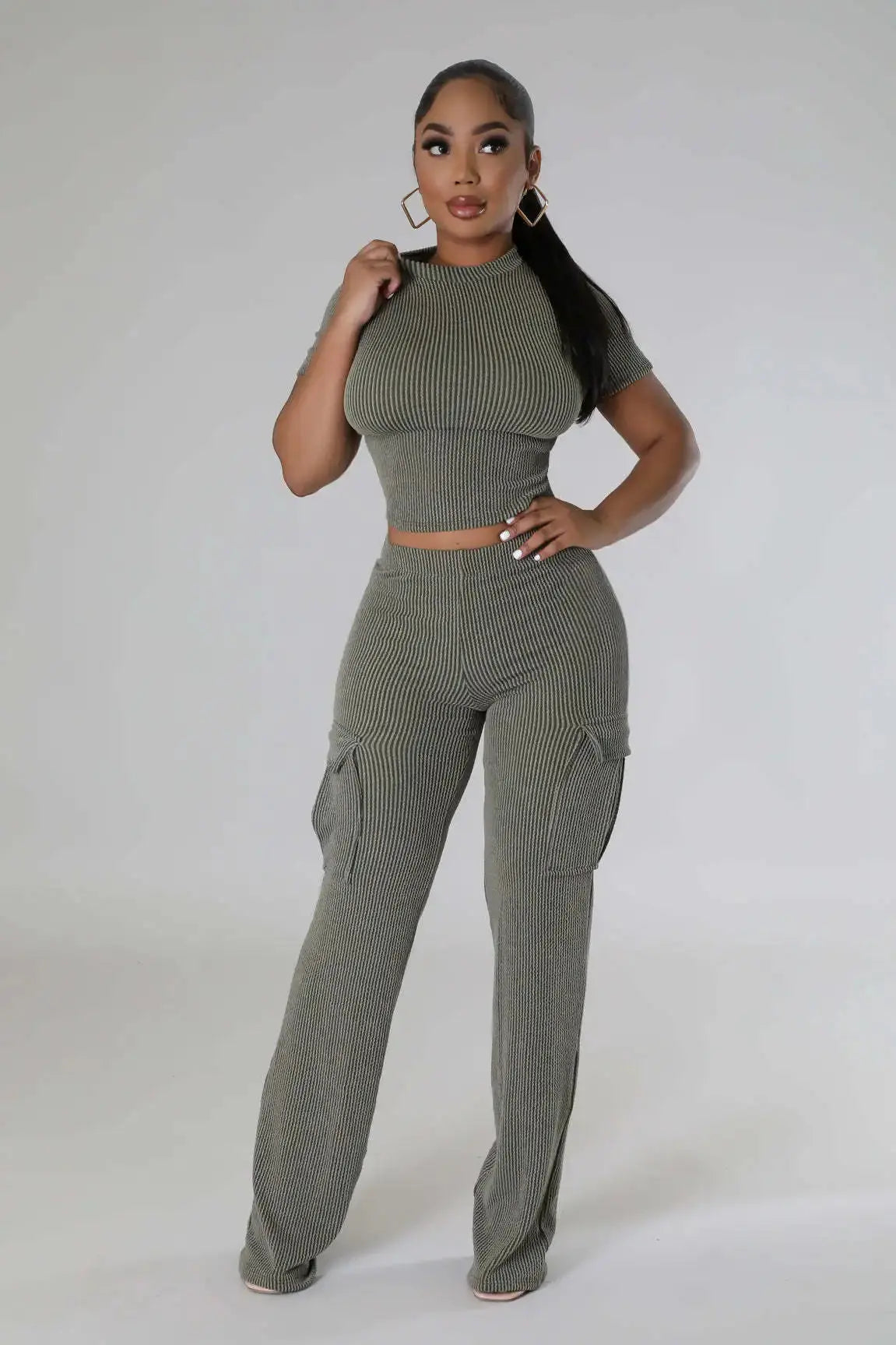 Echoine Solid Knit Ribbed Round Neck Short Sleeve Crop Top and High Waist Straight Pants Two Piece Set Matching Set Summer 2024 FZwear