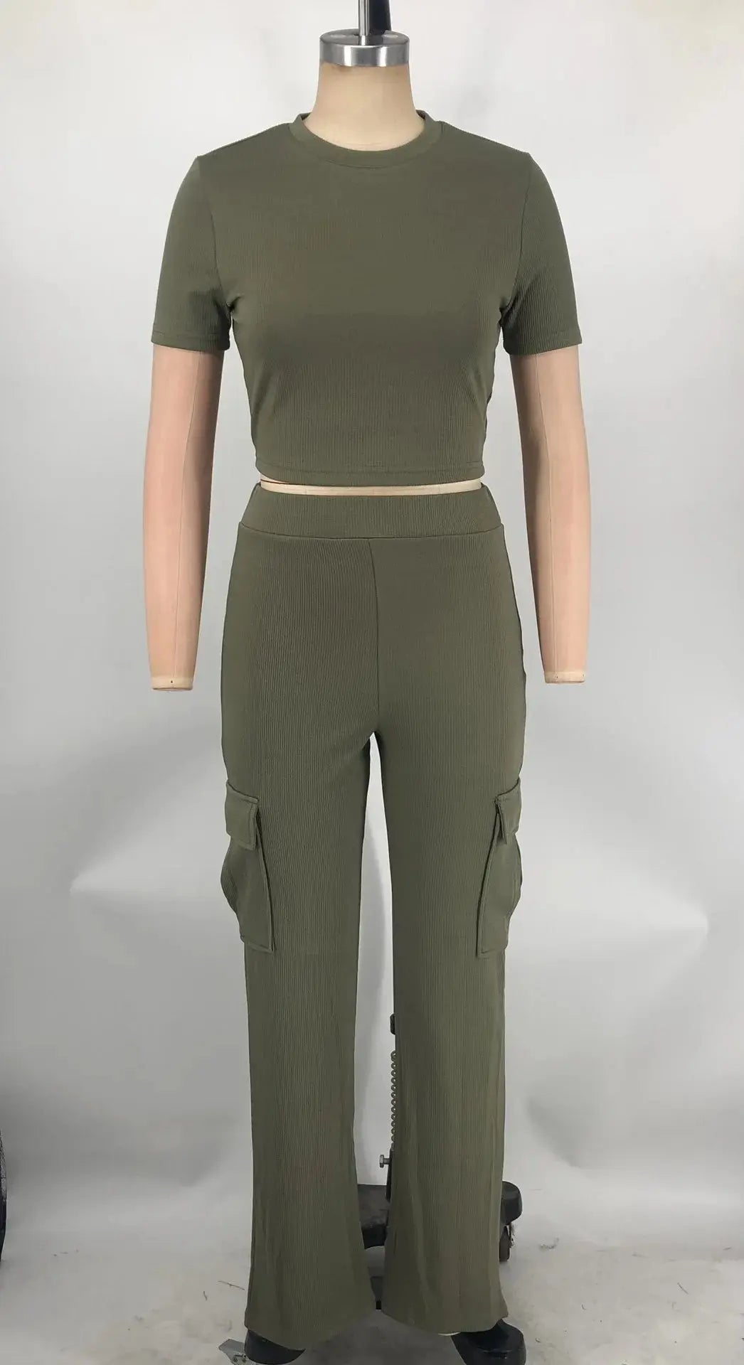 Echoine Solid Knit Ribbed Round Neck Short Sleeve Crop Top and High Waist Straight Pants Two Piece Set Matching Set Summer 2024 FZwear