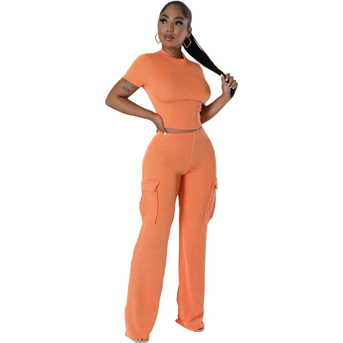 FZ Women's Solid Knit Ribbed High Waist Two Piece Pants Suit