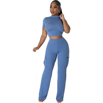 FZ Women's Solid Knit Ribbed High Waist Two Piece Pants Suit