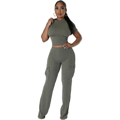 FZ Women's Solid Knit Ribbed High Waist Two Piece Pants Suit