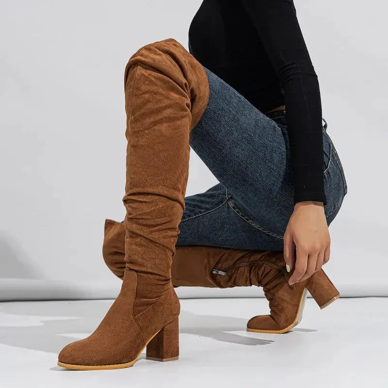 Eilyken 2024 New Winter Zipper Women Over-the-Knee Boots Fashion Flock Square Heel Shoes Thigh High Long Botas De Mujer FZwear