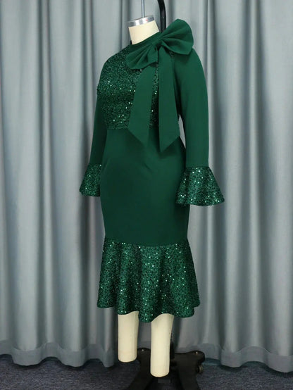 Elegant Green Shiny Sequined Dresses with Bow Long Flare Sleeves Mermaid Christmas African Brithday Party Occasion Event Robes FZwear