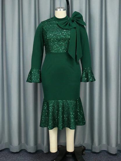 Elegant Green Shiny Sequined Dresses with Bow Long Flare Sleeves Mermaid Christmas African Brithday Party Occasion Event Robes FZwear