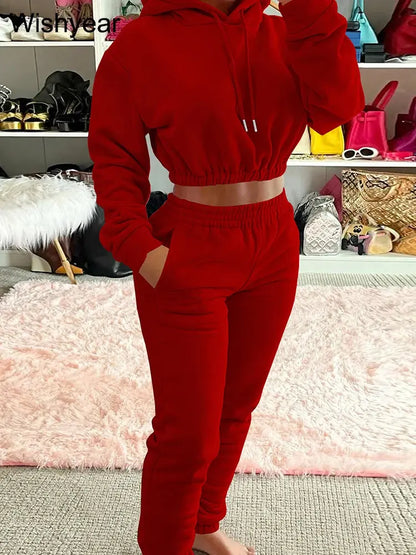 Elegant Sweatshirt Hoodie Crop Top and Leggings Sweatpants Thick Warm Velvet Two Piece Pants Set  Women Winter Outfit Sweatsuit FZwear