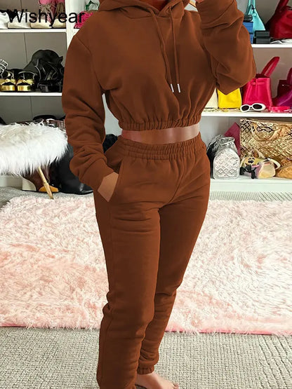 Elegant Sweatshirt Hoodie Crop Top and Leggings Sweatpants Thick Warm Velvet Two Piece Pants Set  Women Winter Outfit Sweatsuit FZwear