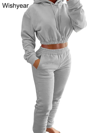 Elegant Sweatshirt Hoodie Crop Top and Leggings Sweatpants Thick Warm Velvet Two Piece Pants Set  Women Winter Outfit Sweatsuit FZwear