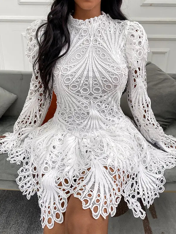 Elegant White Lace Hollow Out Dress Women 2023 New Long Sleeve Round Neck Autumn Chic Fashion Mini Bodycon Club Sexy Temperament FZwear