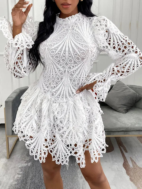 Elegant White Lace Hollow Out Dress Women 2023 New Long Sleeve Round Neck Autumn Chic Fashion Mini Bodycon Club Sexy Temperament FZwear