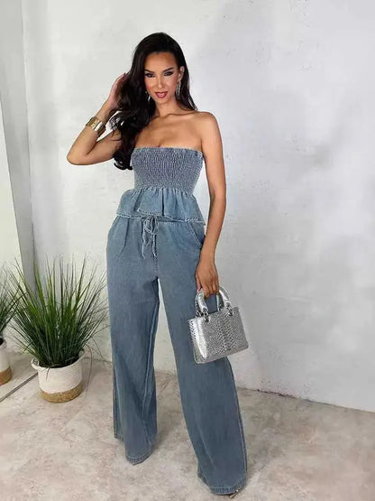 Elegant Women's Sets Denim Two Piece Set Strapless Top and Elastic Waist Jeans New in Matching Sets Summer Sexy Denim Outfits FZwear