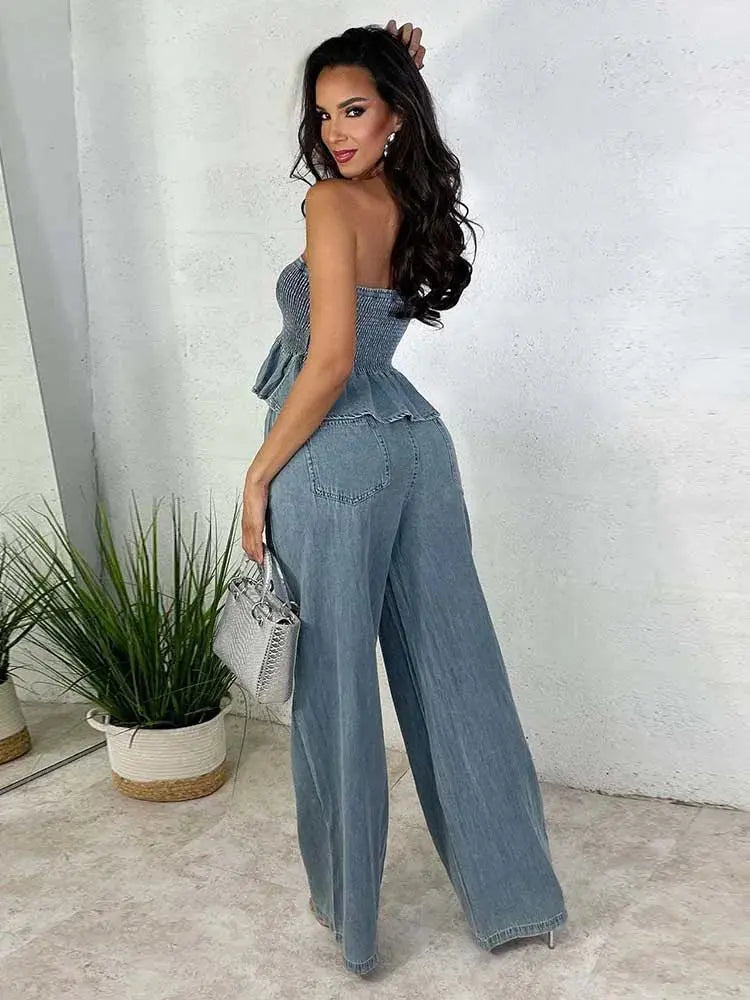 Elegant Women's Sets Denim Two Piece Set Strapless Top and Elastic Waist Jeans New in Matching Sets Summer Sexy Denim Outfits FZwear