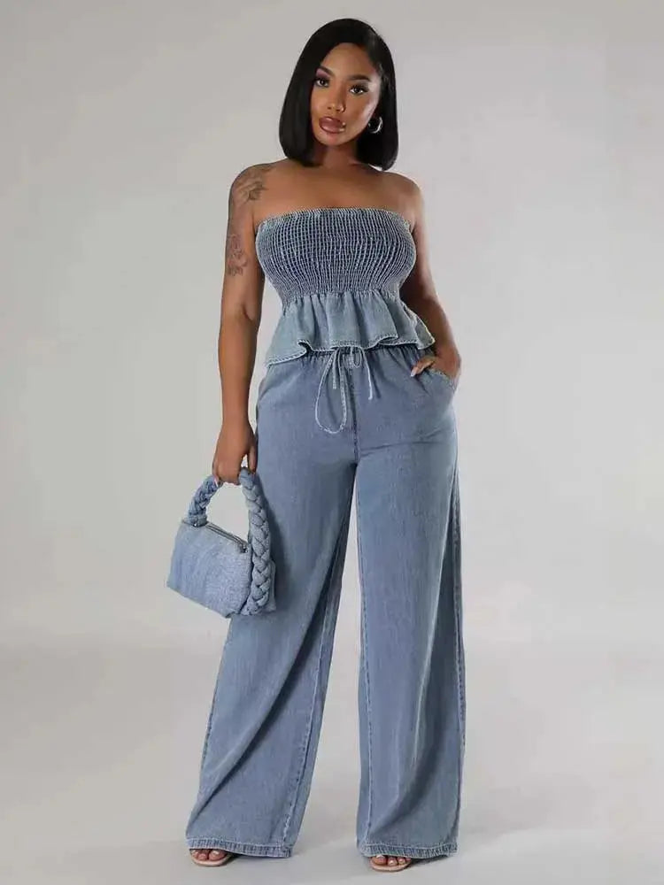 FZ Women's Strapless Elastic Waist Sexy Two Piece Denim Pants Suit