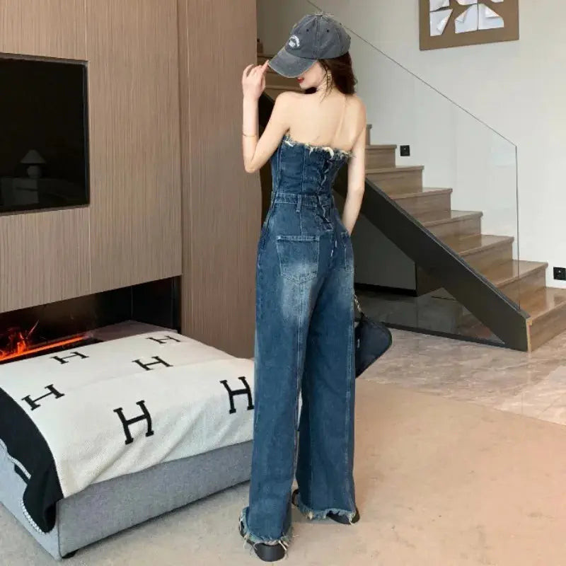 Elegant Women's Strapless Sleeveless Strapless Full Length Blue Backless Tube Top Denim Jumpsuit High Waist Wide Leg Overalls FZwear