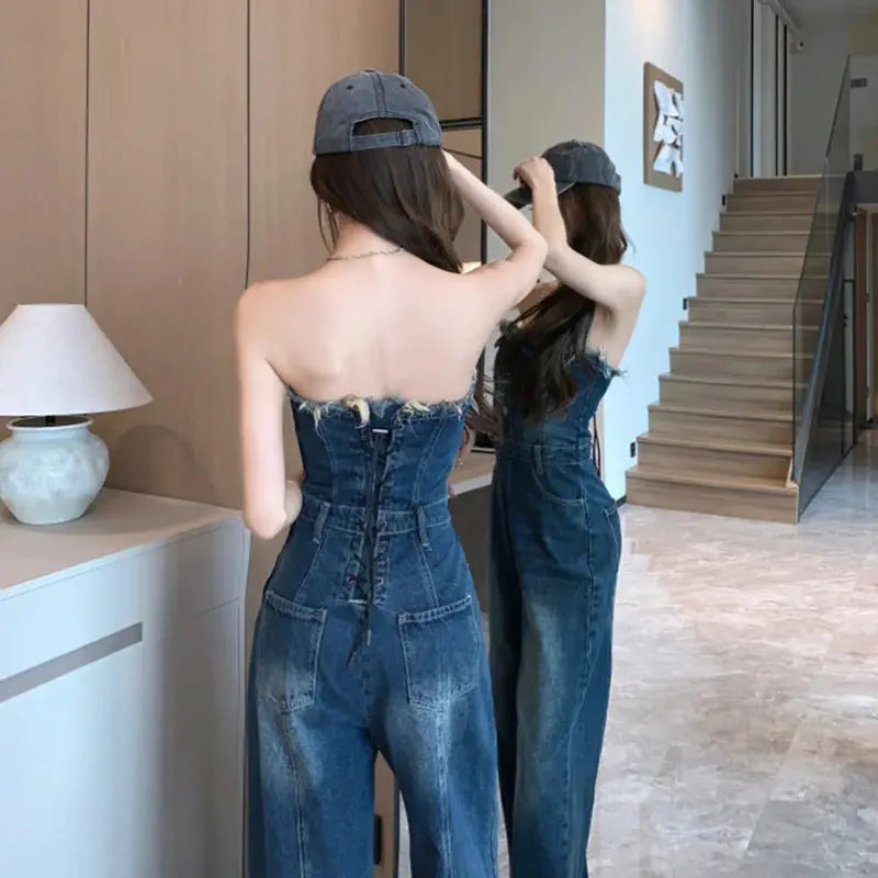 Elegant Women's Strapless Sleeveless Strapless Full Length Blue Backless Tube Top Denim Jumpsuit High Waist Wide Leg Overalls FZwear