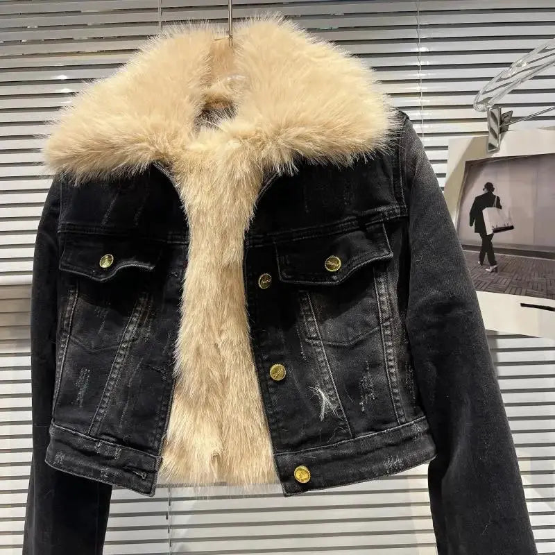 Environmental Protection Fur Collar Quilted Denim Jacket for Women Short Black Jean Coat Autumn Winter Faux Fur Coats Top FZwear