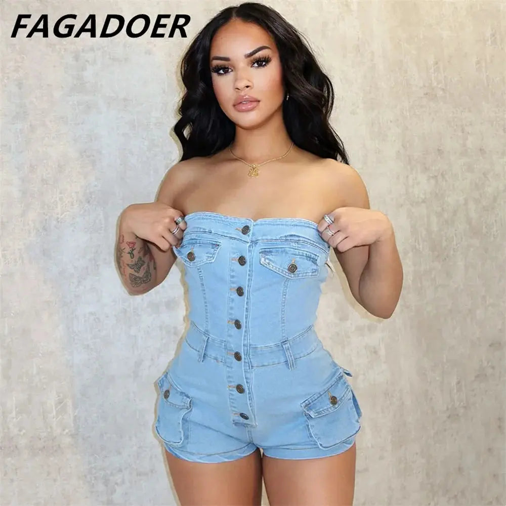 FAGADOER Denim Blue Sexy Y2K Streetwear Women Denim Off Shoulder Sleeveless Backless Tube Rompers Fashion Cargo Cowboy Jumpsuits FZwear