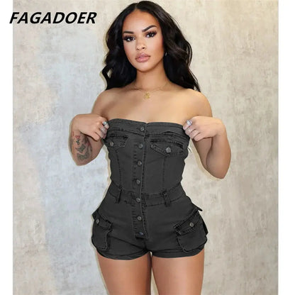 FAGADOER Denim Blue Sexy Y2K Streetwear Women Denim Off Shoulder Sleeveless Backless Tube Rompers Fashion Cargo Cowboy Jumpsuits FZwear