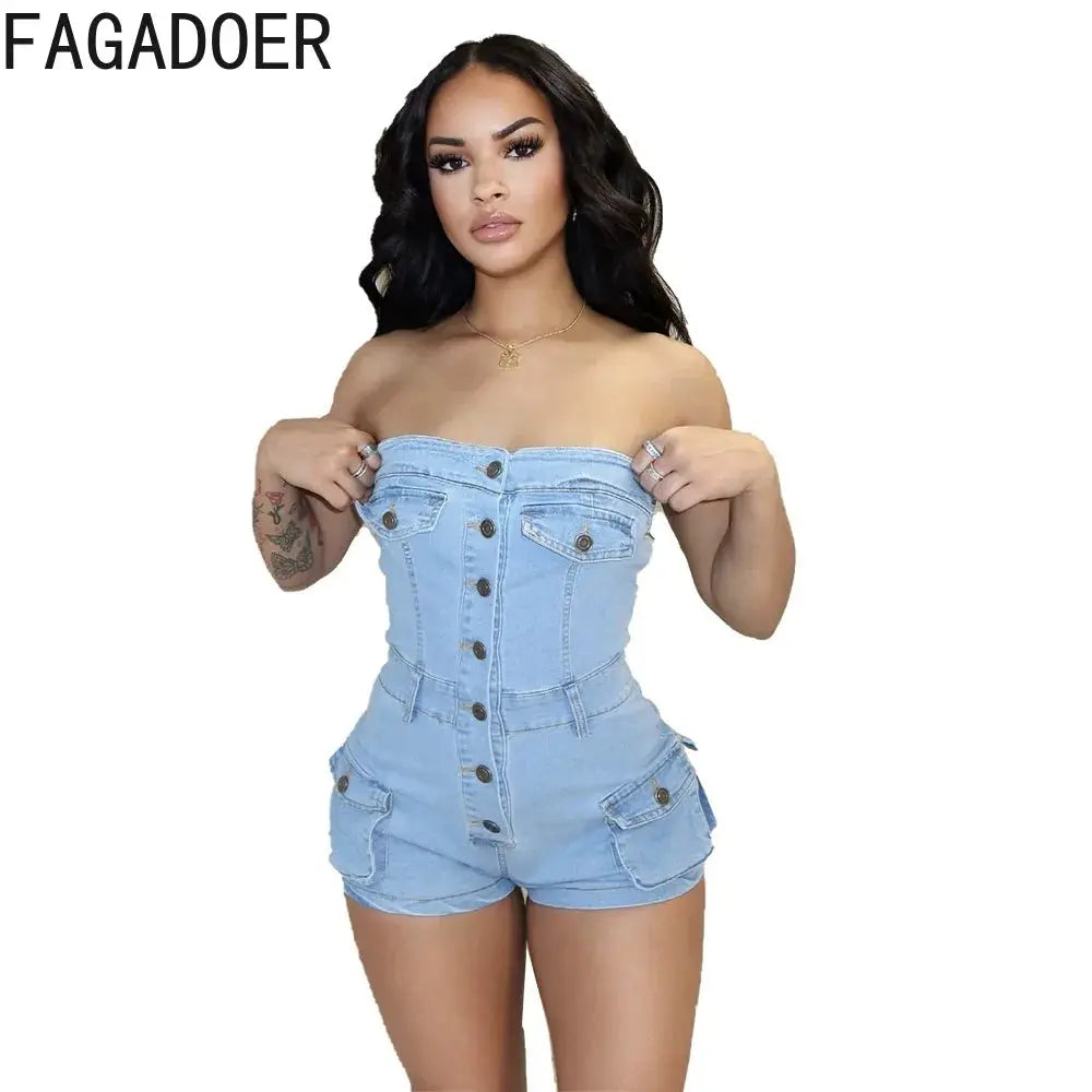 FAGADOER Denim Blue Sexy Y2K Streetwear Women Denim Off Shoulder Sleeveless Backless Tube Rompers Fashion Cargo Cowboy Jumpsuits FZwear