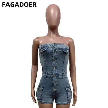 FAGADOER Denim Blue Sexy Y2K Streetwear Women Denim Off Shoulder Sleeveless Backless Tube Rompers Fashion Cargo Cowboy Jumpsuits FZwear