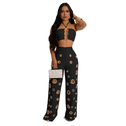 FZ Women's Sexy Solid Hole Backless Wide Leg Two Piece Pants Suit