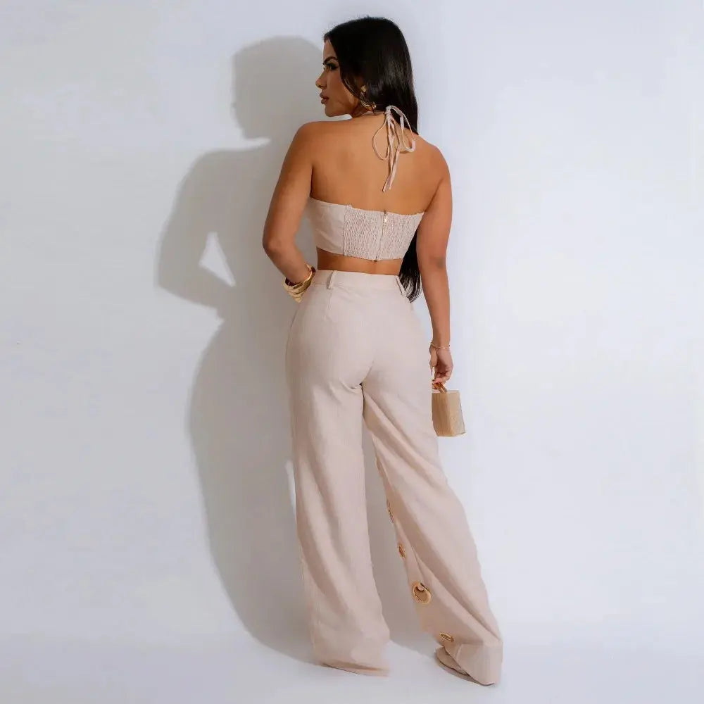 FAGADOER Sexy Solid Hole Wide Leg Pants Streetwear Women Halter Sleeveless Backless Crop Top And Pants Two Piece Sets Outfits FZwear