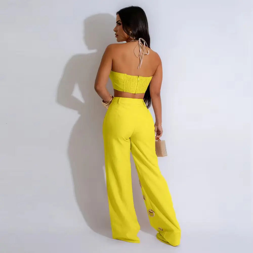 FAGADOER Sexy Solid Hole Wide Leg Pants Streetwear Women Halter Sleeveless Backless Crop Top And Pants Two Piece Sets Outfits FZwear