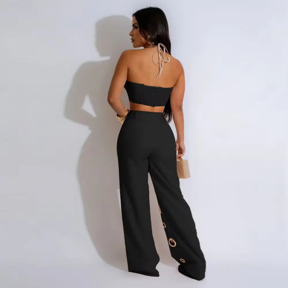 FAGADOER Sexy Solid Hole Wide Leg Pants Streetwear Women Halter Sleeveless Backless Crop Top And Pants Two Piece Sets Outfits FZwear