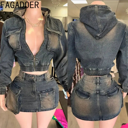 FAGADOER Y2k Retro Denim Two Piece Set Hot Girl Cargo Pockets Patchwork Zip Jacket and Stretchy Mini Skirts Suits Streetwear New FZwear