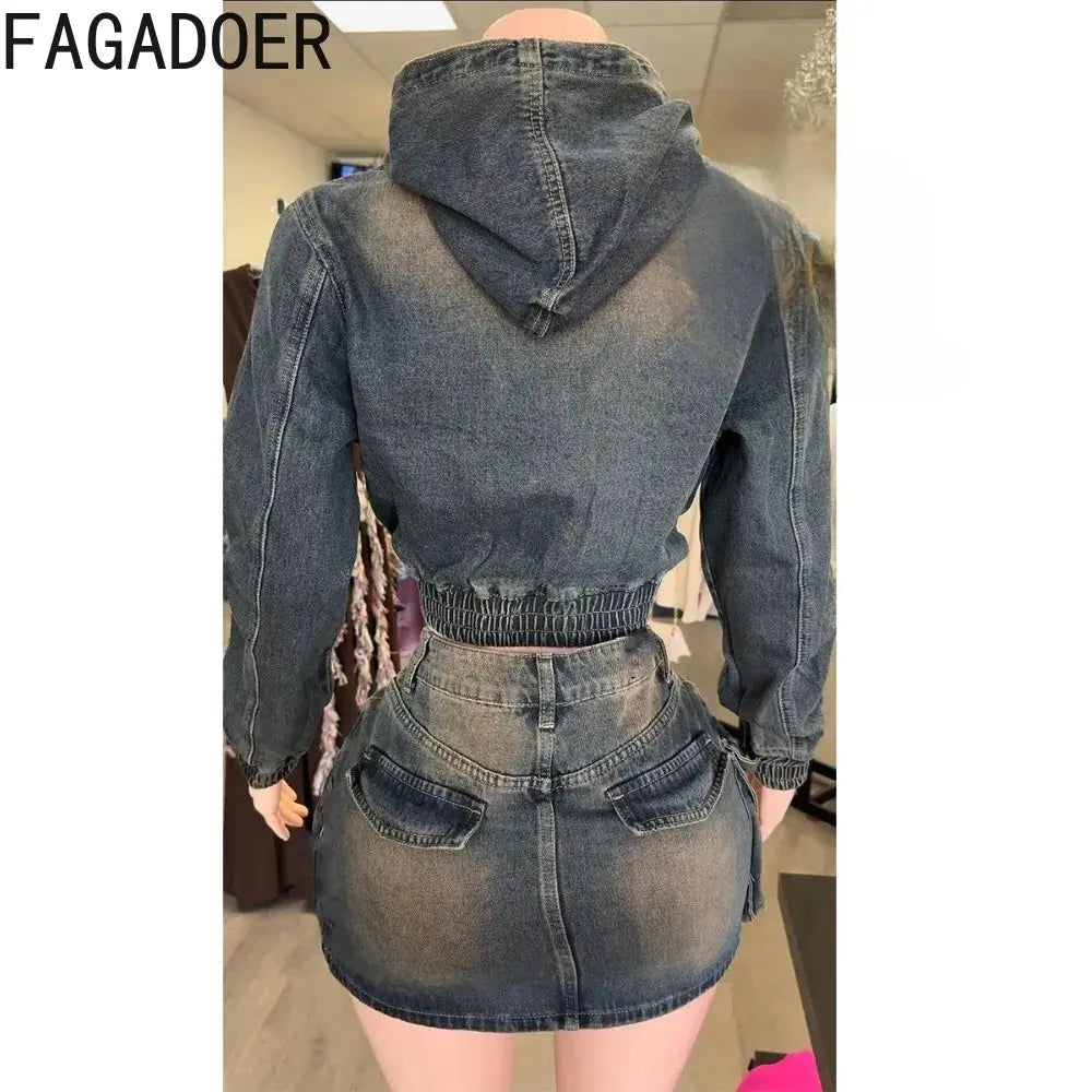 FAGADOER Y2k Retro Denim Two Piece Set Hot Girl Cargo Pockets Patchwork Zip Jacket and Stretchy Mini Skirts Suits Streetwear New FZwear