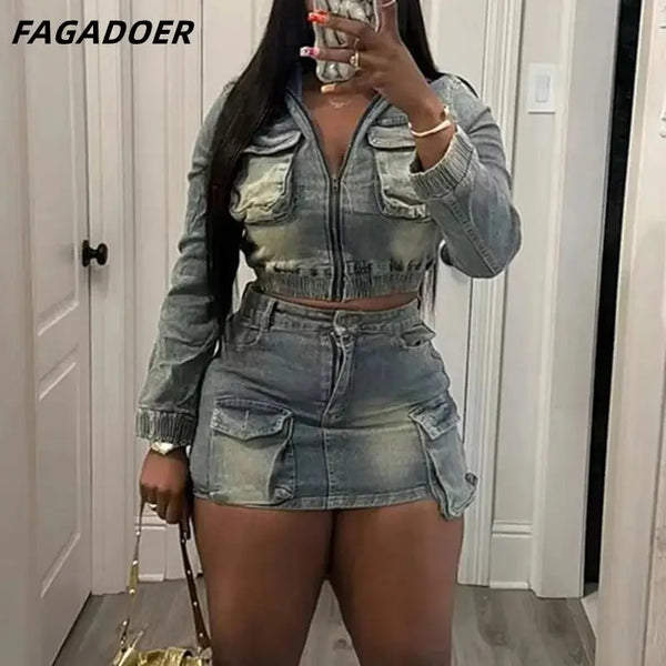 FAGADOER Y2k Retro Denim Two Piece Set Hot Girl Cargo Pockets Patchwork Zip Jacket and Stretchy Mini Skirts Suits Streetwear New FZwear