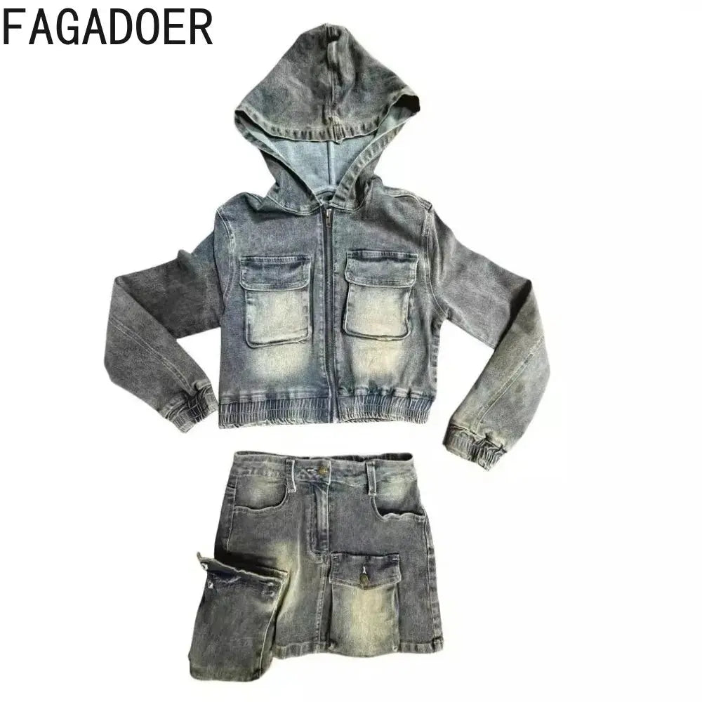 FAGADOER Y2k Retro Denim Two Piece Set Hot Girl Cargo Pockets Patchwork Zip Jacket and Stretchy Mini Skirts Suits Streetwear New FZwear