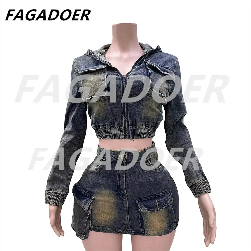 FAGADOER Y2k Retro Denim Two Piece Set Hot Girl Cargo Pockets Patchwork Zip Jacket and Stretchy Mini Skirts Suits Streetwear New FZwear