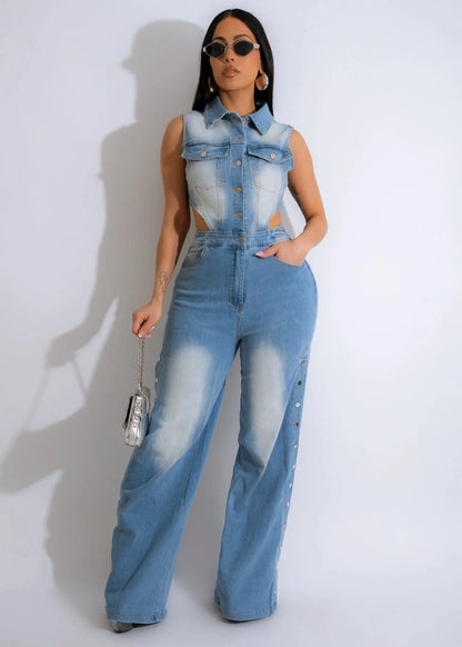 FZ Women's Cut Out Button Up Wide Leg Side Slit Party Denim Jumpsuit Loragal