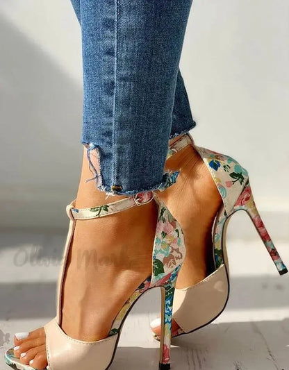 FZ Women's Floral Print Stiletto Heel T-Strap Shoes OLIVIA MARKS